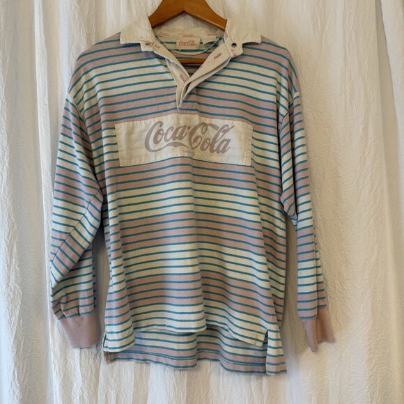 Coca-Cola Tops - Vintage Coca-Cola 80s Shirt Polo Rugby Rare Pink Teal Stripes Coke Medium